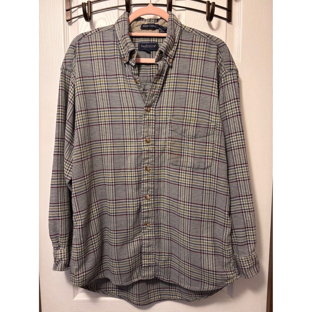 Van Heusen Khaki Classics Plaid Button Down Shirt Mens Medium Green Blue Cotton